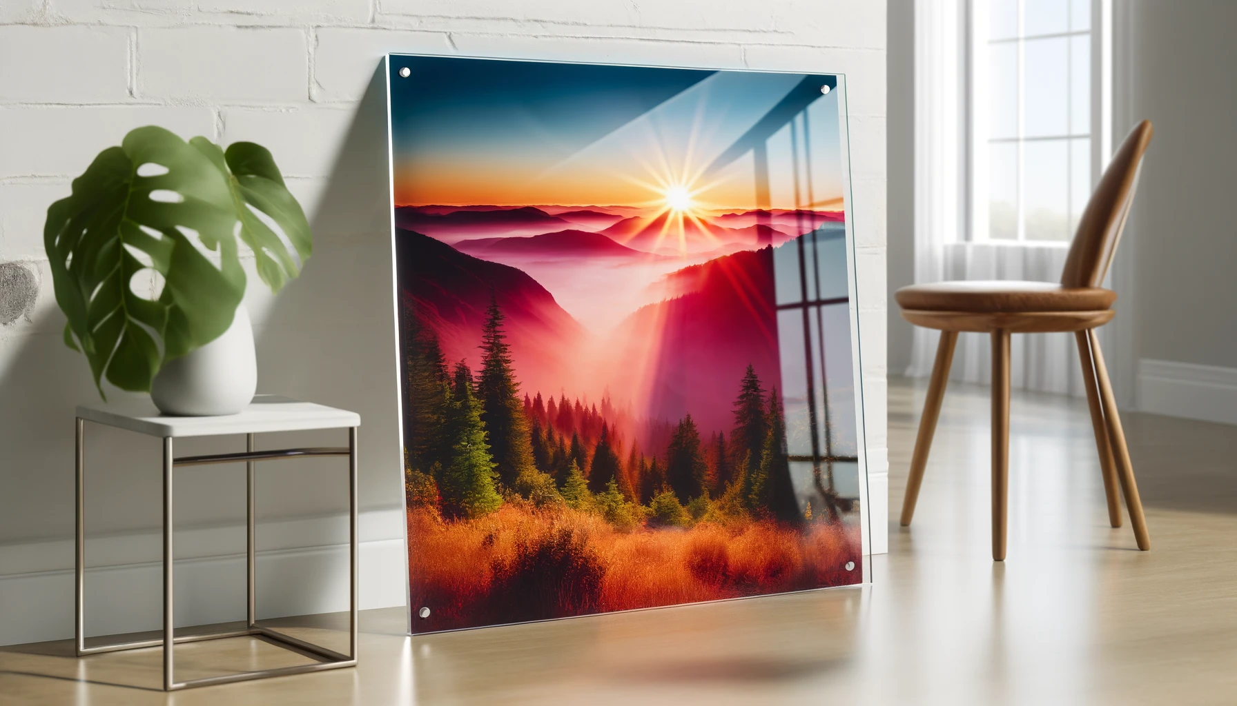 photo of an image mounted on clear acrylic, showcasing a vibrant landscape photograph with a glossy finish, displayed horizontally in a modern setti